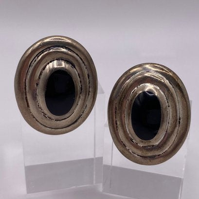 Oval Black Glass Sterling Clip On Earrings