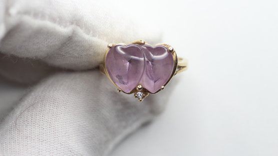 14K SOLID YELLOW GOLD AMETHYST HEART RING - 4.28 GRAMS, SIZE 6.75 NATURAL GEMSTONE JEWELRY