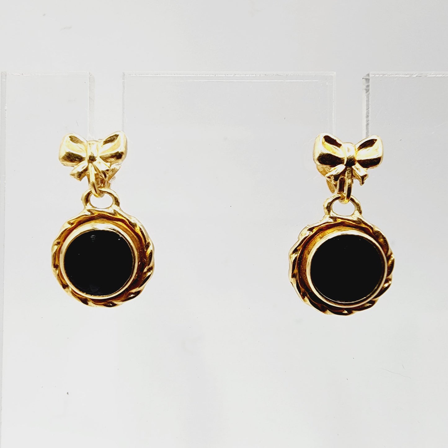 14k Gold Ribbon Onyx Dangle Earrings