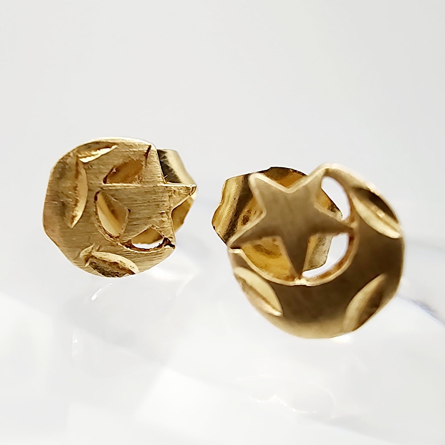 14k Gold Signed Star-Moon Stud Earrings