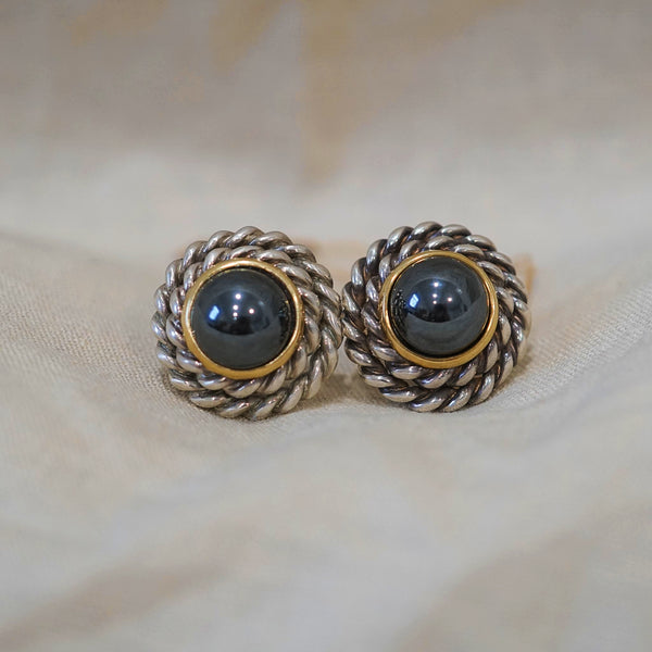 VINTAGE STERLING SILVER & 18K GOLD HEMATITE CLIP ON EARRINGS