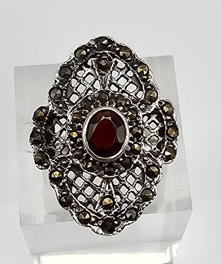 Marcasite Garnet Sterling Silver Cocktail Ring