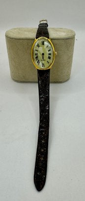 Oval Face Quartz Watch With Leather Band