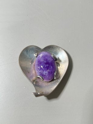 Signed Mexican Sterling And Amethyst Pendant Brooch