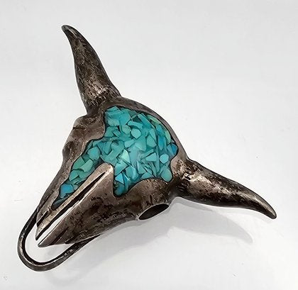 Southwestern Crushed Turquoise Sterling Silver Bull Skull Pendant