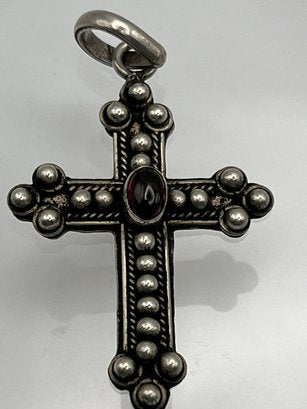 Sterling Cross Pendant With Garnet Rhinestone