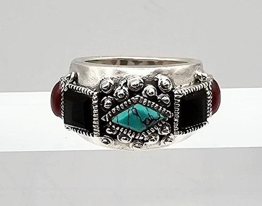 Turquoise Onyx Carnelian Sterling Silver Ring